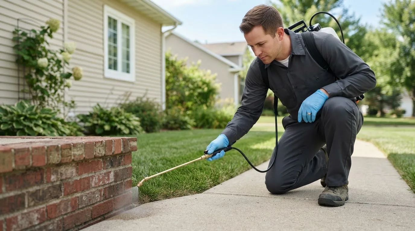 Pest control technician treating a home near Plainfield, CT